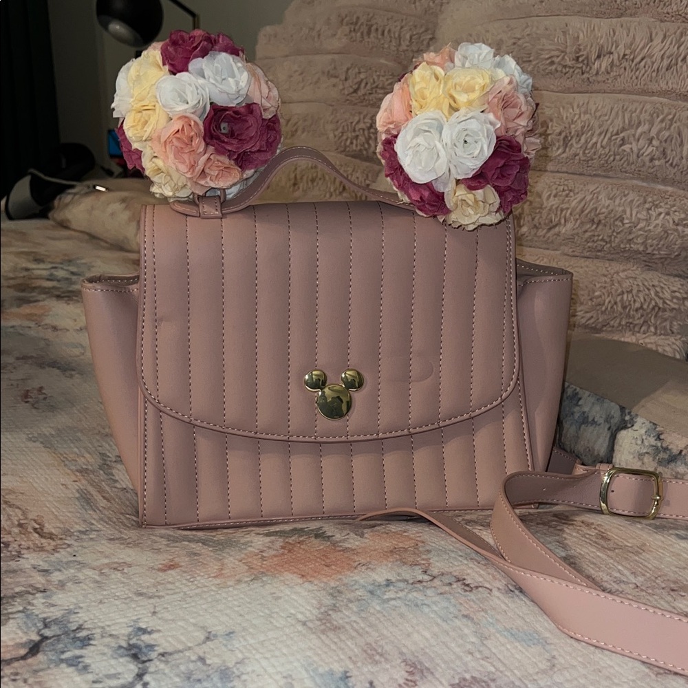 Elegant light pink Quilted Handbag (Disney Mickey floral ears)